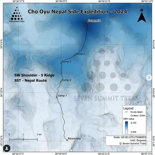 Das Expeditionsteam um Gelje Sherpa kletterte über den Südsüdwest-Grat auf den Gipfel des Cho Oyu. Bild: Seven Summit Treks 